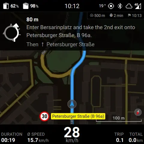 Librescoot displaying a route and the next turn on the scooter dashboard.